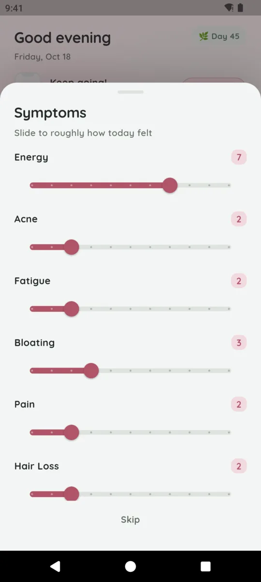 Symptom tracking screen